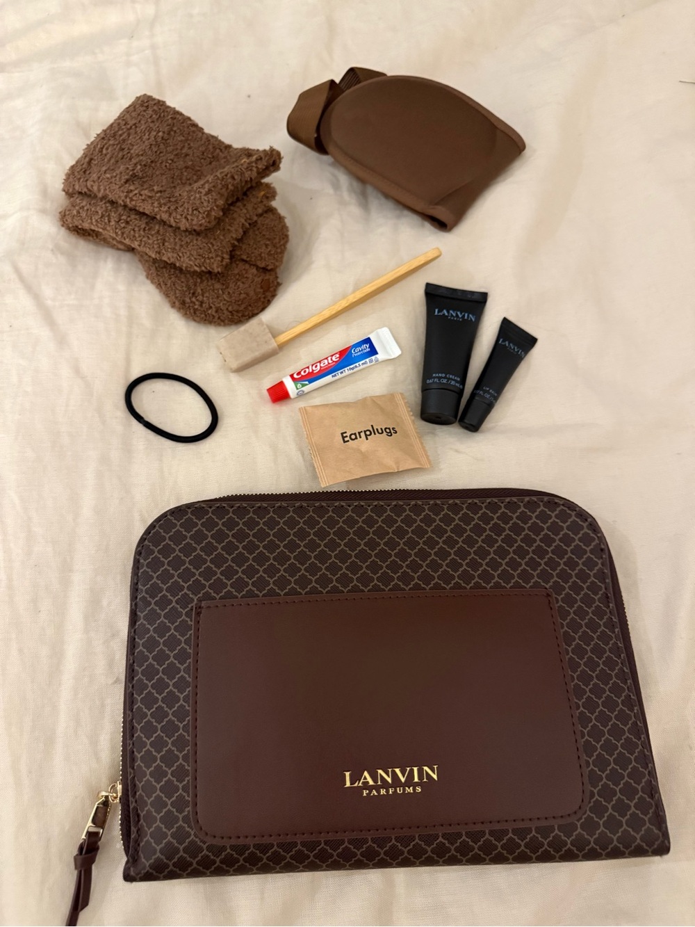 Lanvin Brown Patterned Men's Toiletry Pouch with Gold Logo